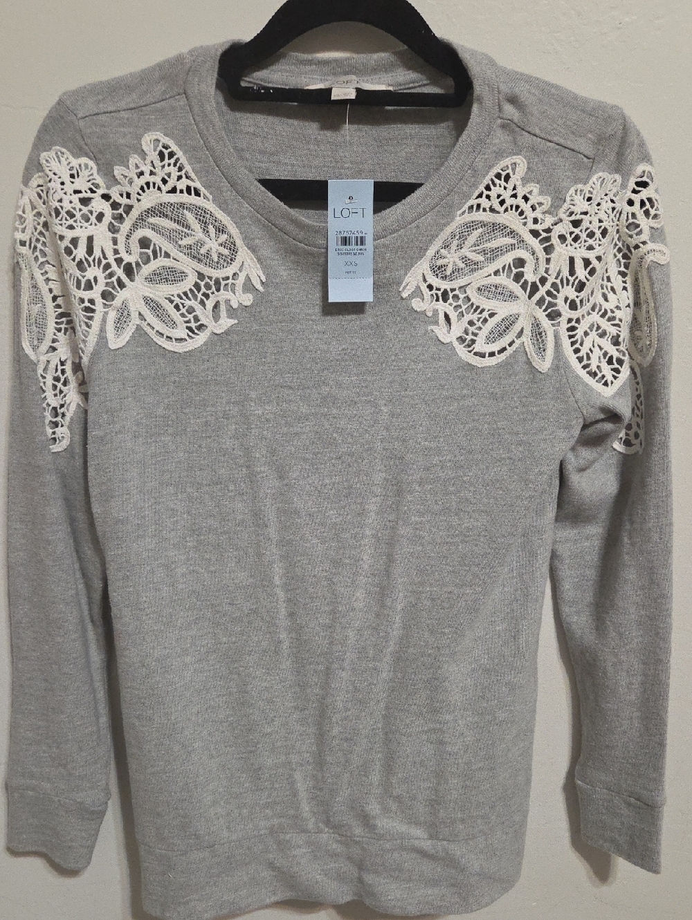 LOFT Gray Long-Sleeve Sweater with Cream Lace Shoulders